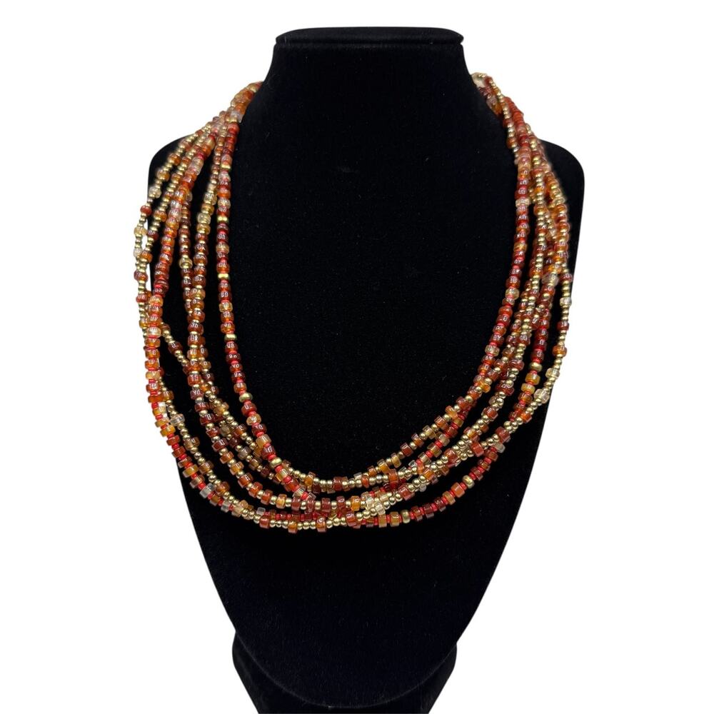 Multi-Strand Glass Seed Beaded Necklace Red Orange Gold Tone Jewelry 18 in
